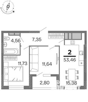 2-к квартира, строящийся дом, 53м2, 11/15 этаж