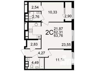 2-к квартира, вторичка, 62м2, 8/21 этаж
