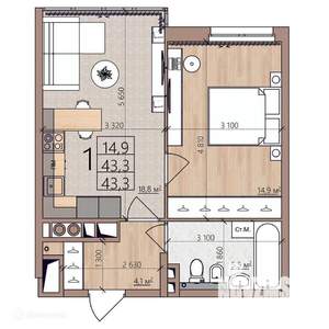 1-к квартира, вторичка, 43м2, 3/9 этаж