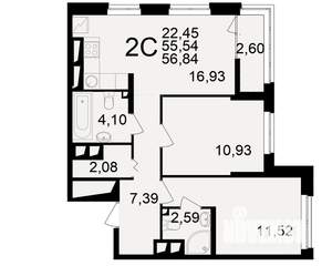 2-к квартира, вторичка, 56м2, 22/25 этаж