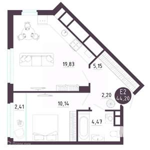 1-к квартира, вторичка, 44м2, 5/19 этаж
