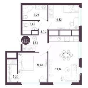 2-к квартира, вторичка, 60м2, 8/18 этаж