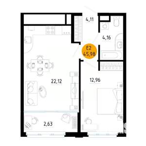 1-к квартира, вторичка, 46м2, 14/25 этаж