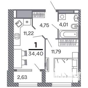 1-к квартира, строящийся дом, 34м2, 19/25 этаж