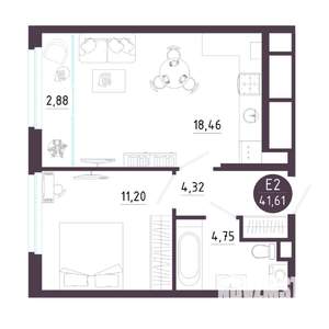 1-к квартира, вторичка, 42м2, 6/18 этаж
