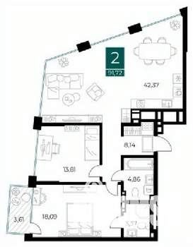 2-к квартира, вторичка, 92м2, 5/14 этаж