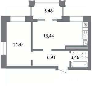 1-к квартира, строящийся дом, 44м2, 2/5 этаж