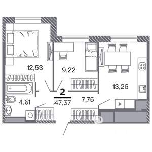 2-к квартира, строящийся дом, 47м2, 7/25 этаж