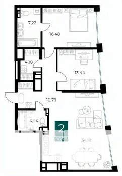 2-к квартира, вторичка, 91м2, 12/13 этаж
