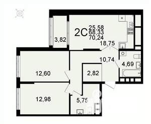 2-к квартира, вторичка, 70м2, 19/26 этаж