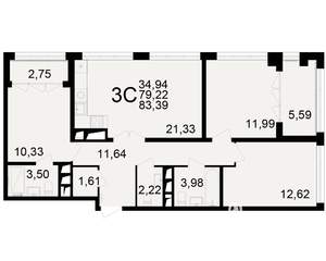 3-к квартира, вторичка, 79м2, 3/25 этаж