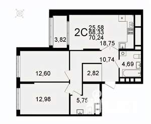 2-к квартира, вторичка, 70м2, 18/26 этаж