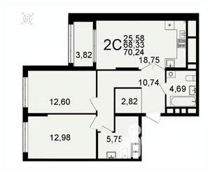 2-к квартира, вторичка, 70м2, 25/26 этаж