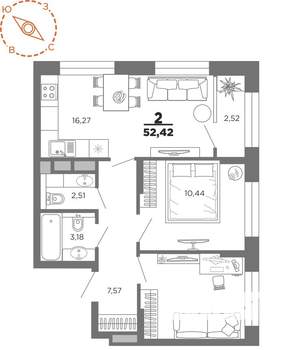 2-к квартира, вторичка, 52м2, 16/22 этаж