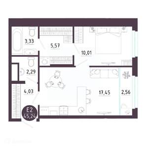 1-к квартира, вторичка, 45м2, 12/19 этаж