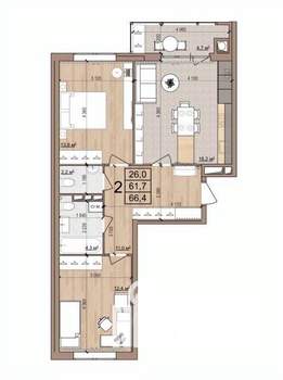 2-к квартира, вторичка, 66м2, 7/17 этаж