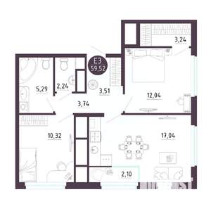 2-к квартира, вторичка, 60м2, 12/18 этаж