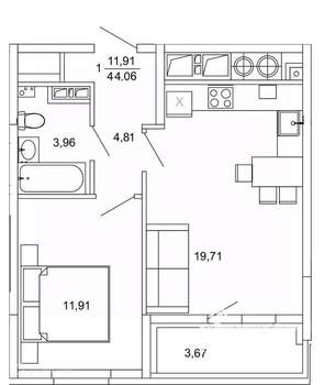1-к квартира, вторичка, 44м2, 6/26 этаж