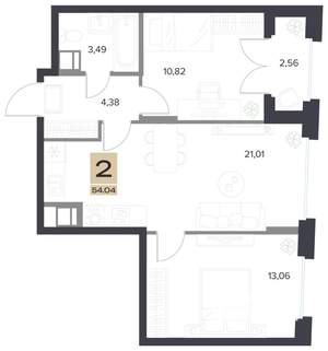 2-к квартира, строящийся дом, 54м2, 8/13 этаж