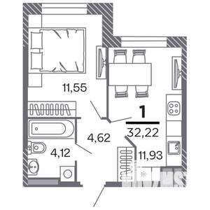 1-к квартира, строящийся дом, 32м2, 3/25 этаж