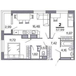 2-к квартира, строящийся дом, 58м2, 13/25 этаж