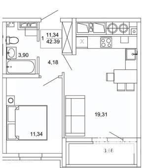 1-к квартира, вторичка, 42м2, 8/26 этаж