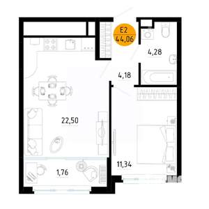 1-к квартира, вторичка, 44м2, 18/25 этаж