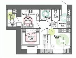 2-к квартира, вторичка, 53м2, 1/16 этаж