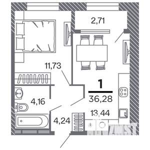 1-к квартира, строящийся дом, 36м2, 2/25 этаж