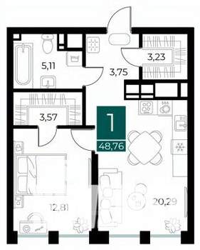 1-к квартира, вторичка, 49м2, 8/13 этаж