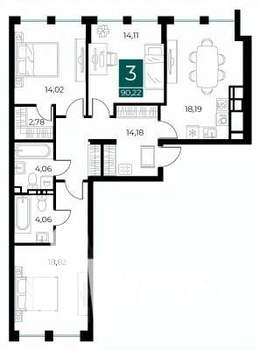 3-к квартира, вторичка, 90м2, 10/14 этаж