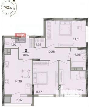 3-к квартира, вторичка, 69м2, 4/24 этаж
