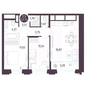 2-к квартира, вторичка, 58м2, 3/18 этаж