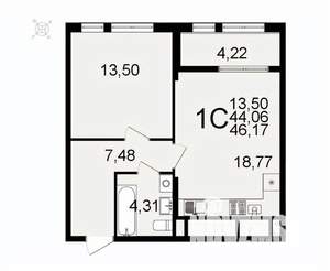 1-к квартира, вторичка, 46м2, 17/26 этаж