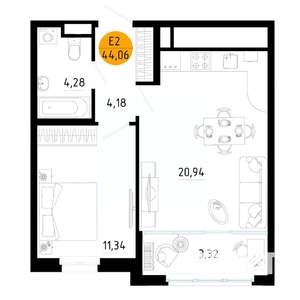 1-к квартира, вторичка, 44м2, 16/25 этаж