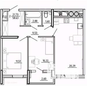 2-к квартира, вторичка, 59м2, 20/26 этаж