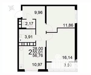 2-к квартира, вторичка, 57м2, 4/22 этаж