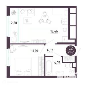 1-к квартира, вторичка, 42м2, 7/19 этаж