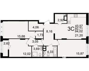 3-к квартира, вторичка, 93м2, 7/25 этаж