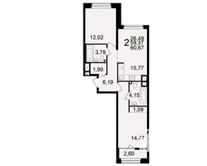 2-к квартира, вторичка, 59м2, 2/25 этаж
