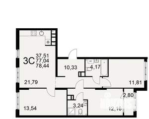 3-к квартира, вторичка, 77м2, 2/22 этаж