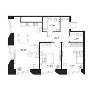 2-к квартира, вторичка, 70м2, 3/17 этаж