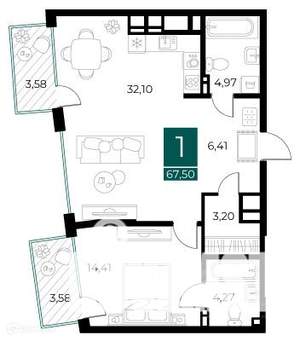 1-к квартира, вторичка, 68м2, 8/14 этаж