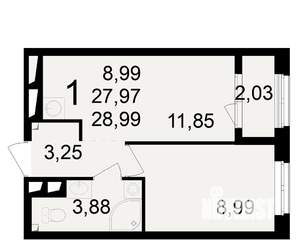 1-к квартира, вторичка, 28м2, 22/23 этаж
