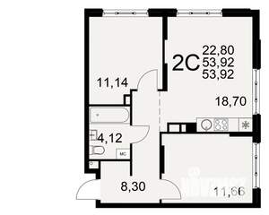 2-к квартира, вторичка, 54м2, 1/22 этаж