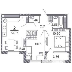 2-к квартира, строящийся дом, 52м2, 21/25 этаж