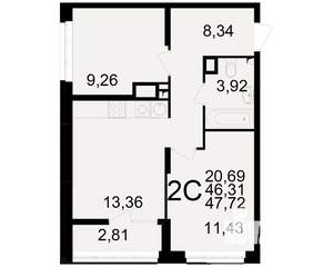 2-к квартира, вторичка, 46м2, 1/25 этаж