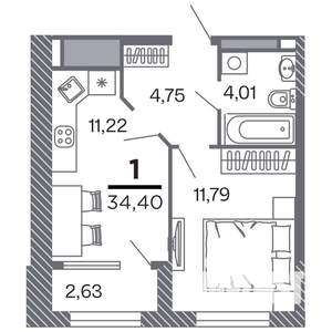 1-к квартира, строящийся дом, 34м2, 18/25 этаж
