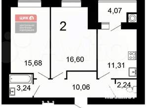 2-к квартира, сданный дом, 63м2, 13/16 этаж
