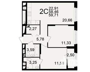 2-к квартира, вторичка, 58м2, 13/25 этаж